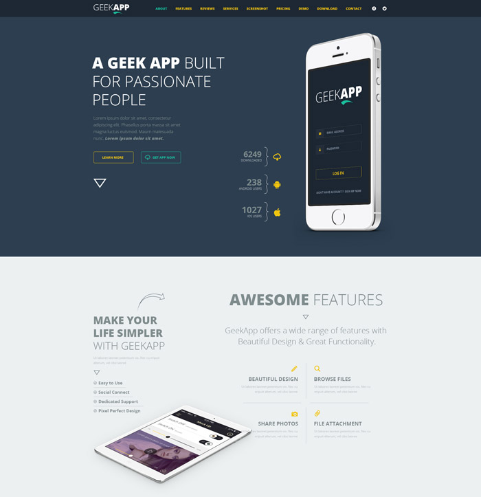 GeekApp - One Page App Landing PSD Template
