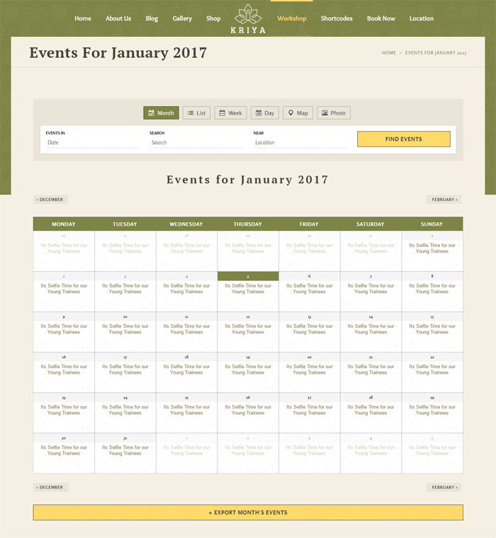 Kriya Events Calendar 