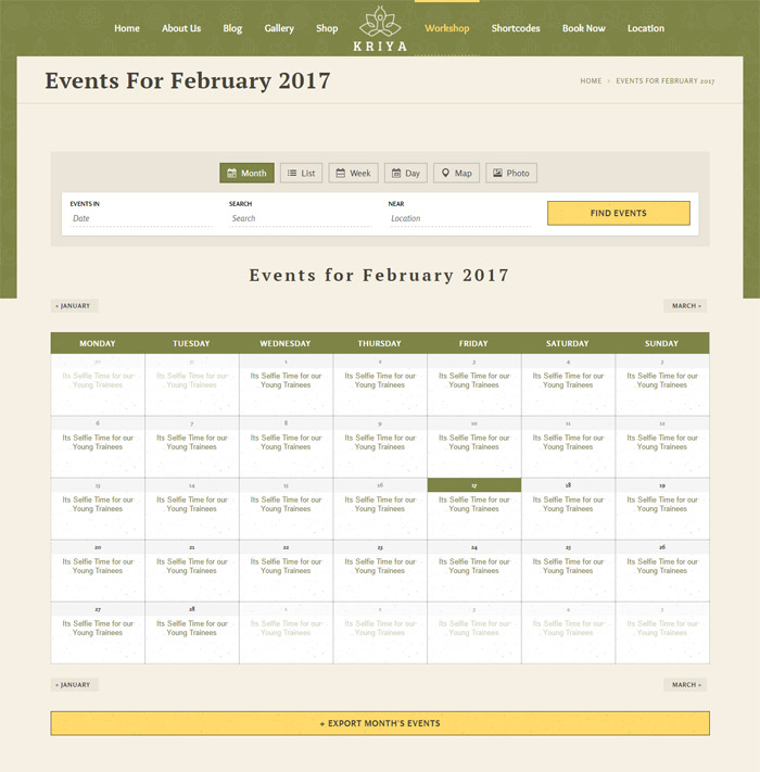 Kriya Events Calendar