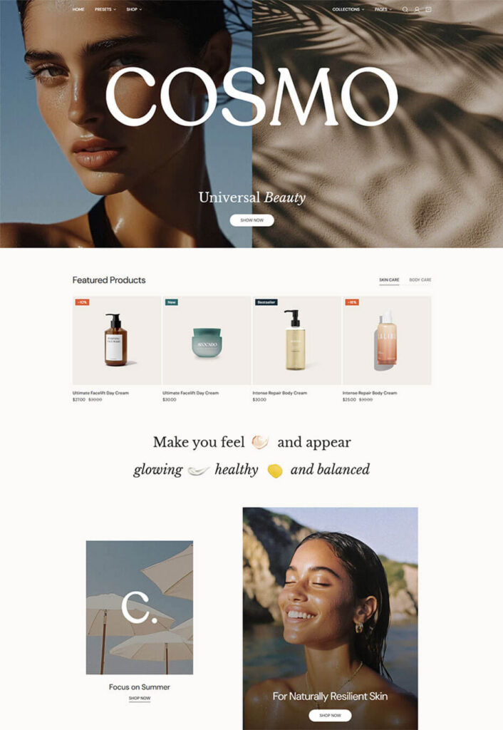 Shopify Zest theme Cosmo preset storefront highlighting a routine-based beauty product layout