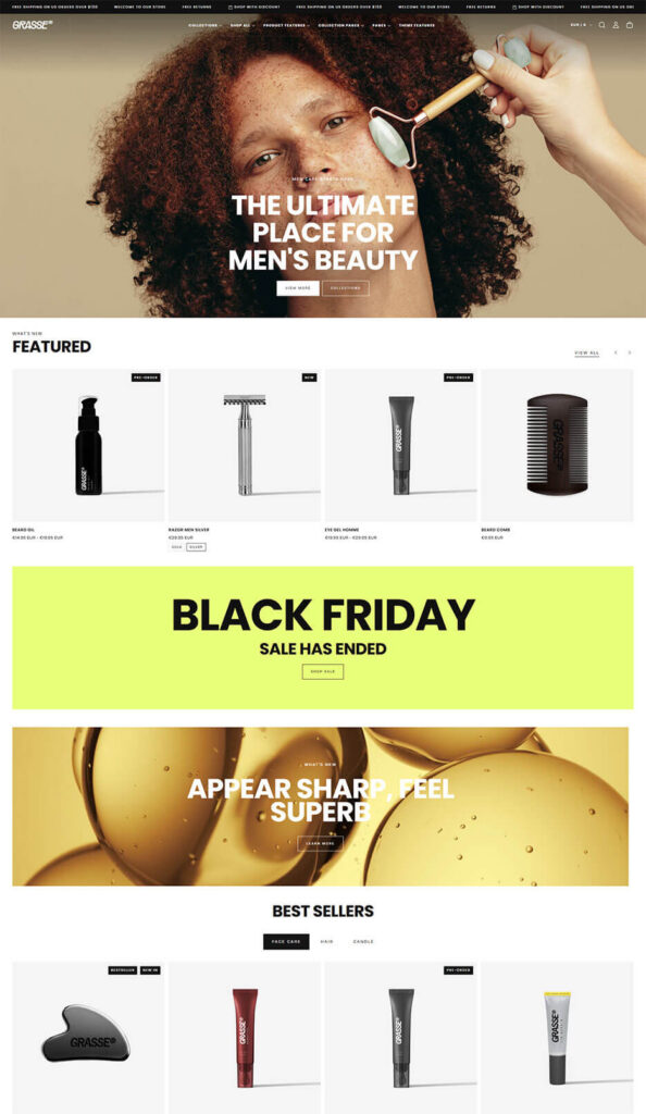 Crisp European-style luxury minimalist landing page on the Release theme Grasse preset, showcasing a high-end perfume bottle with stark typography contrast