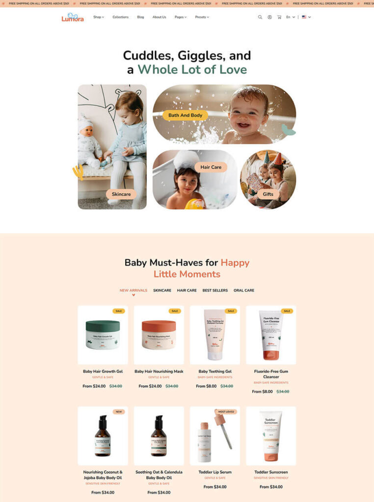 Soft-toned product page mockup of the Toyo theme Lumora preset, displaying baby skincare products with easy-to-read ingredient highlights and a quick-add cart button