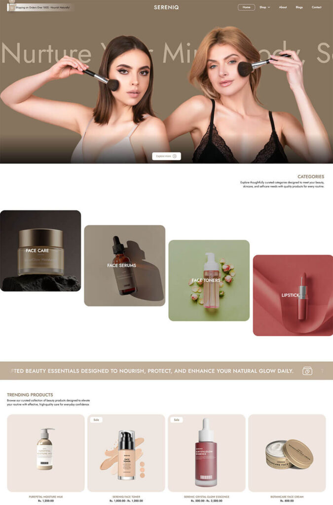 Desktop view of Noble theme preset showcasing premium luxury makeup with immersive video placement