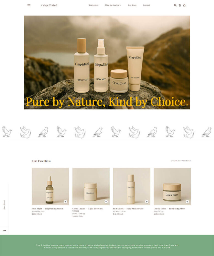 Reassuring and soft-toned product grid interface on the Vincent theme Nurture preset, highlighting size selectors and transparent ingredient icons