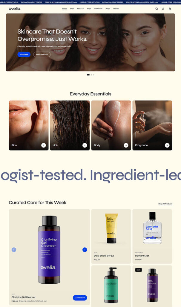 Clean interface design of the Elixira theme Ovelia preset with smooth pastel gradients, bold sans-serif text blocks, and minimalist organic skincare product listings.