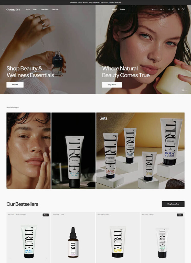 Elegant desktop homepage view of the Minimalista theme Cosmetica preset, showcasing high-end makeup photography, large hero video, and editorial typography layout.