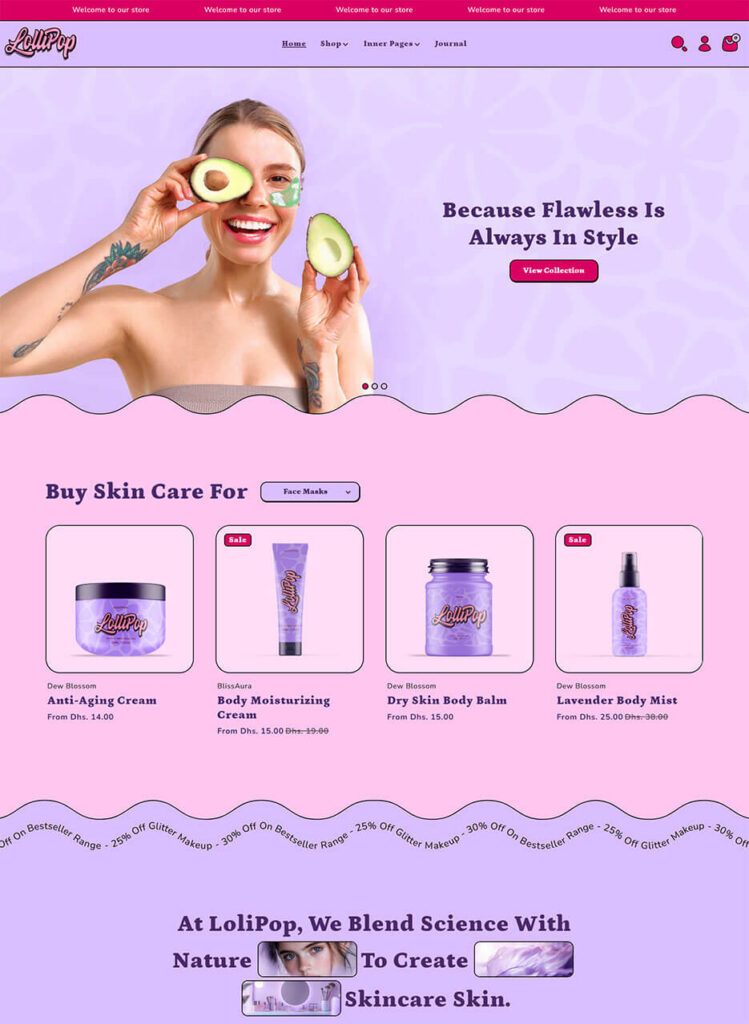 Full mobile homepage mockup of the Shopify Lollipop theme featuring a vibrant pink and purple wavy grid layout, skincare product cards, and a TikTok video integration section
